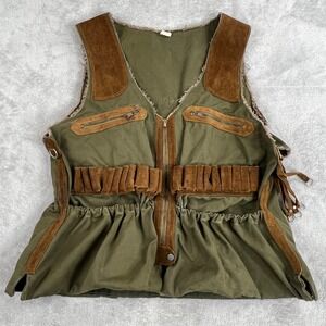 Safari Vintage Suede Trim Canvas Hunting Vest L Olive Men Gorpcore Utility